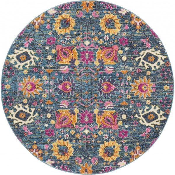 Palacedesigns 5 ft. Round Denim Blue Florals Distressed Area Rug - Denim Blue - 5' PA3644013 - main